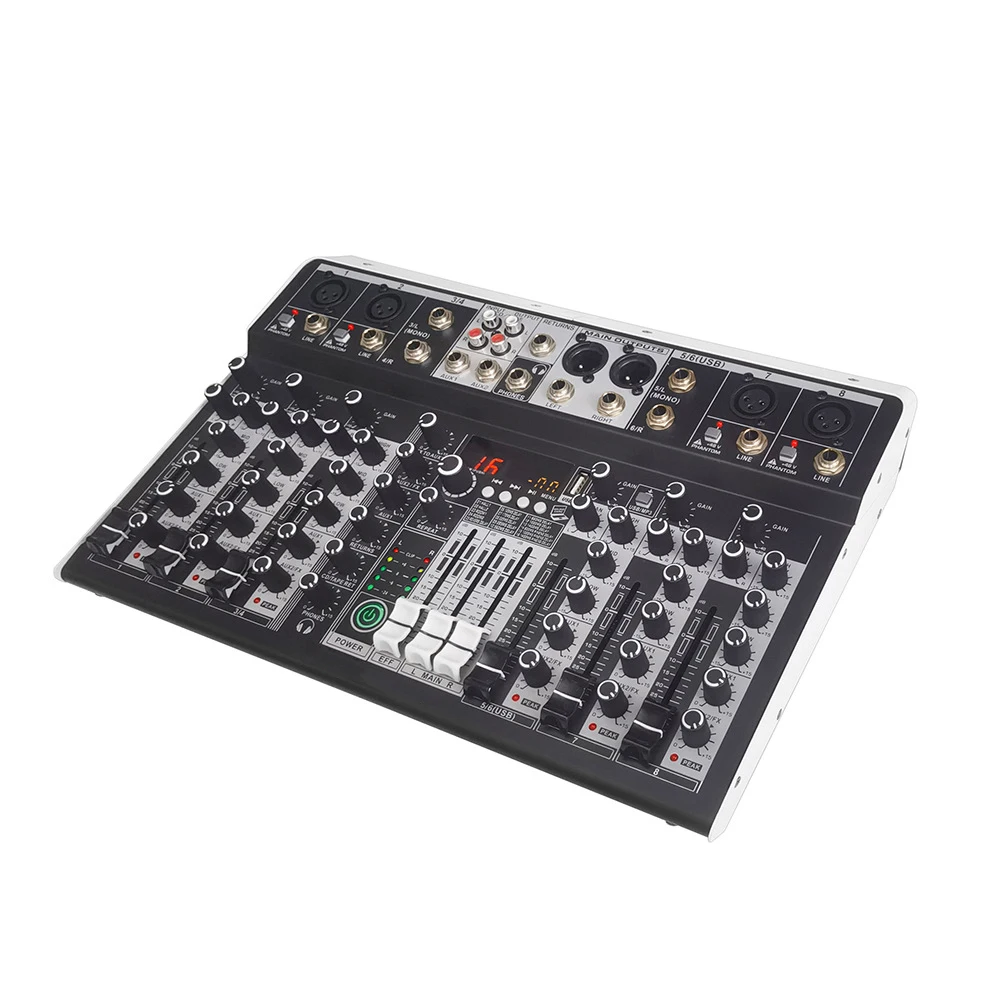 Yuhai-MF8 8 Channel Audio Mixer 16 Digital Reverb Effects Three Band Equalizer Mixing Console with USB +48V Phantom Power