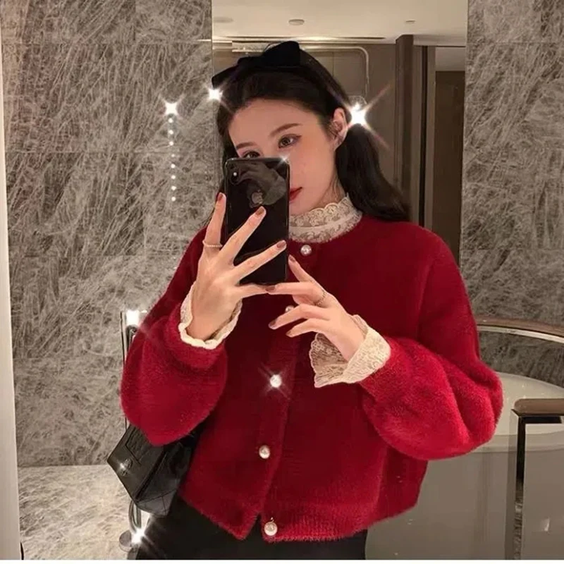 

Women Sweet Imitation Mink Fleece Knitted Cardigan Fashion Vintage Fall Winter Pearl Buttons Short Sweater Jacket Female Clothes