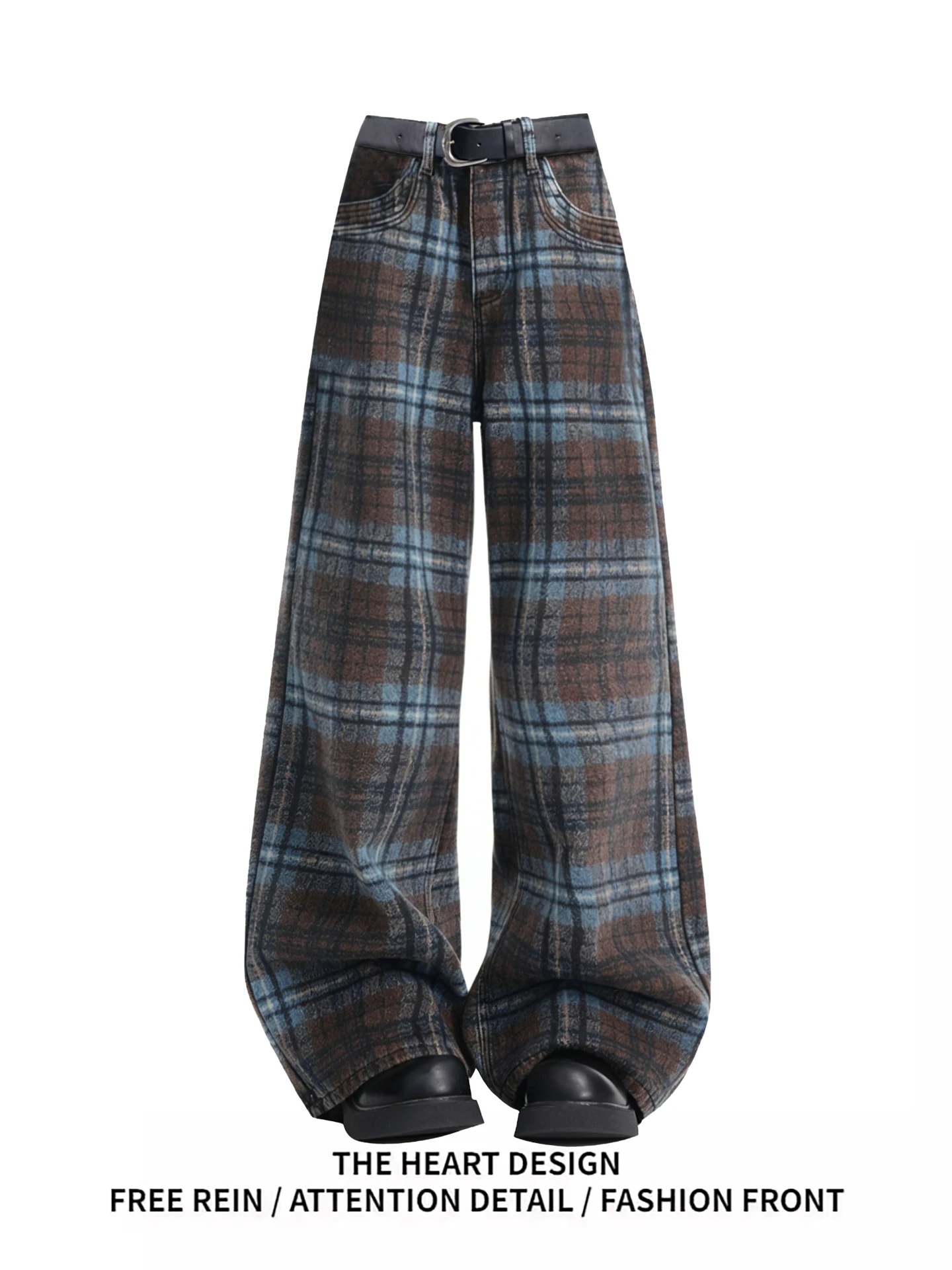 

Синие широкие джинсы в клетку, женские весенне-осенние свободные брюки для похудения длиной до пола, повседневные мягкие джинсовые брюки с высокой талией на молнии