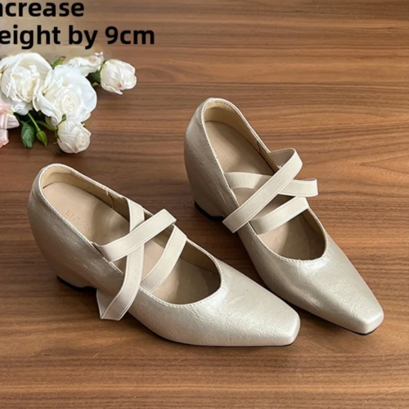 

2026 Women's 9CM Hidden Wedge Heels Mary Jane Shoes Square Toe Elastic Cross Strap Comfortable Invisible Height Increasing Pumps