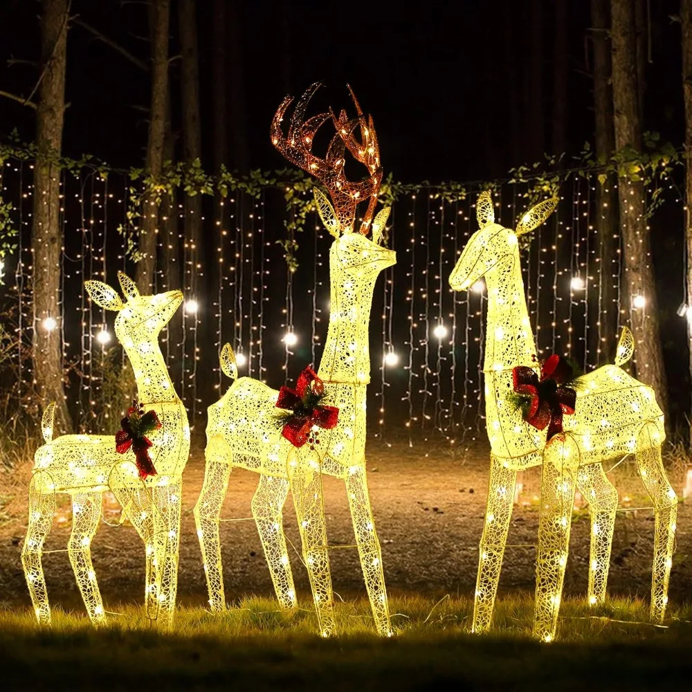 3 Yellow Christmas Reindeer, Used for Outdoor Courtyard Christmas Luminous Decoration, 230 LED Lights, Battery Box and Plug