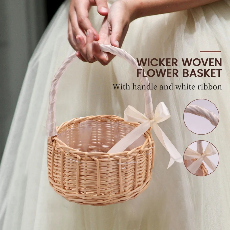 سلة زهور منسوجة من الخوص، مع مقبض وشريط أبيض، سلال فتاة زهور الزفاف، لتزيين حديقة المنزل (S)