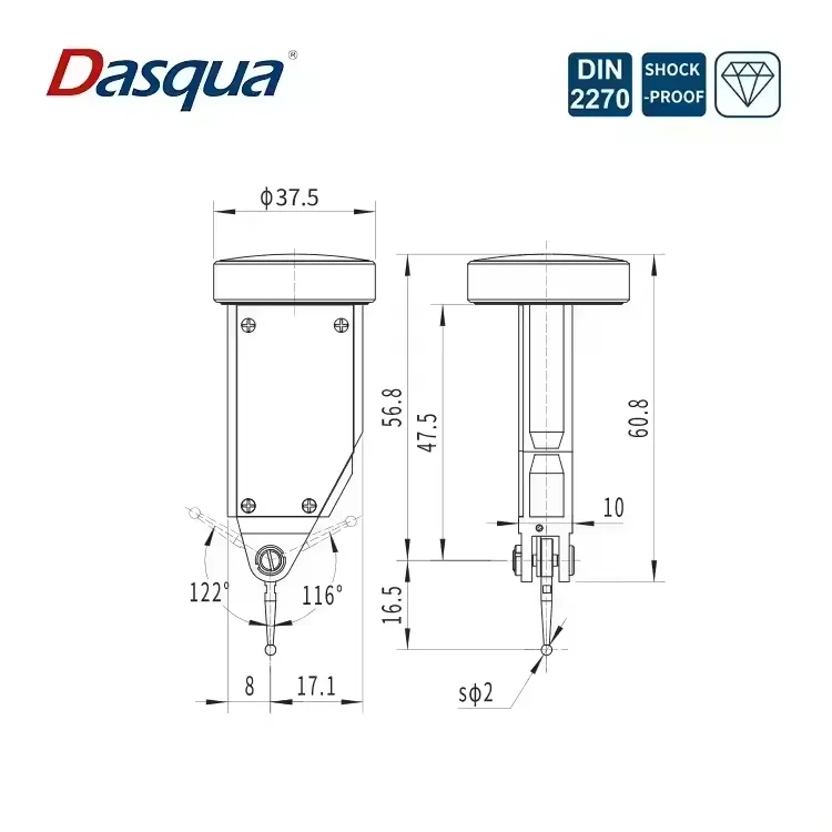 Dasqua 0.8mm Back Plunger Type Dial Test Indicator 0.01mm Graduation Shock Proof High Accuracy Micrometer Precise