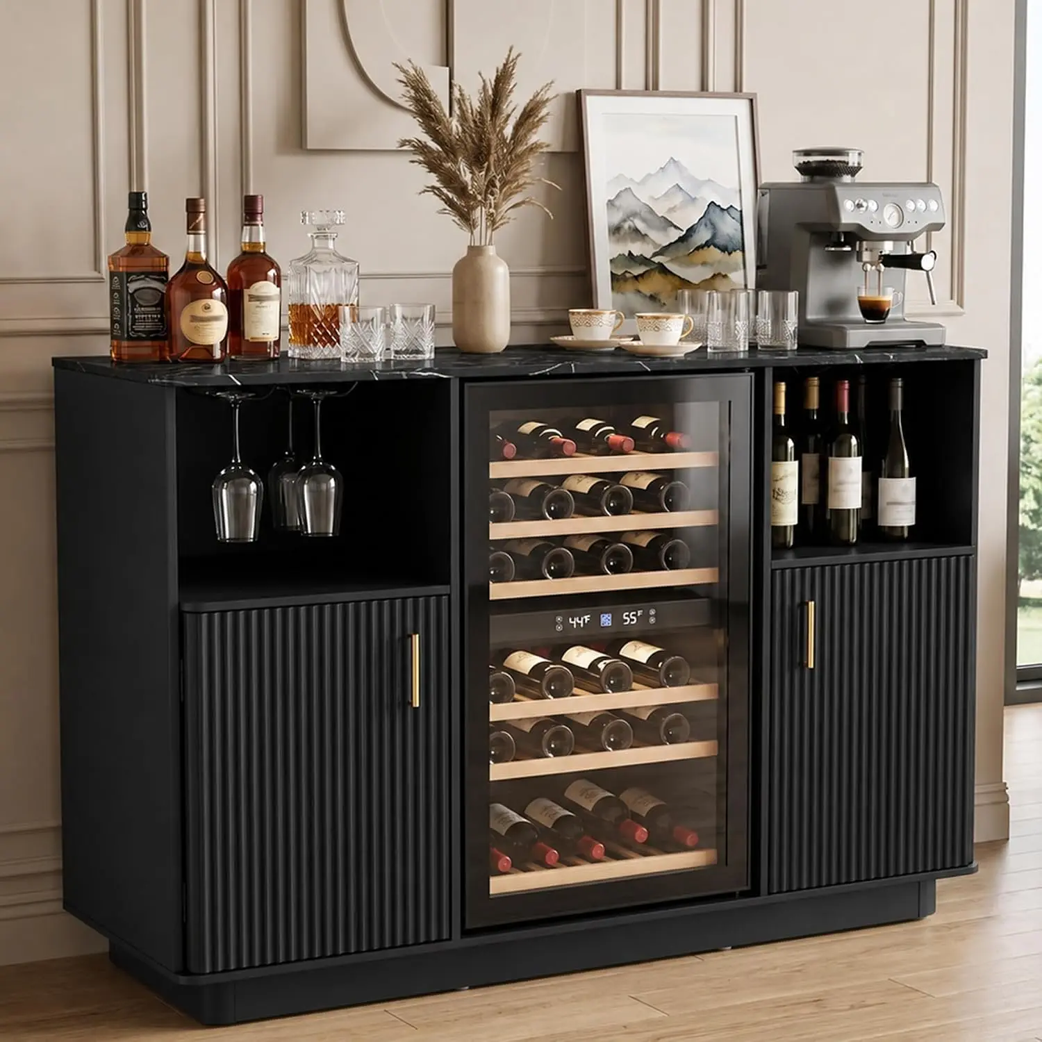 Marble Top Fluted Coffee Bar Cabinet with Mini Fridge Space