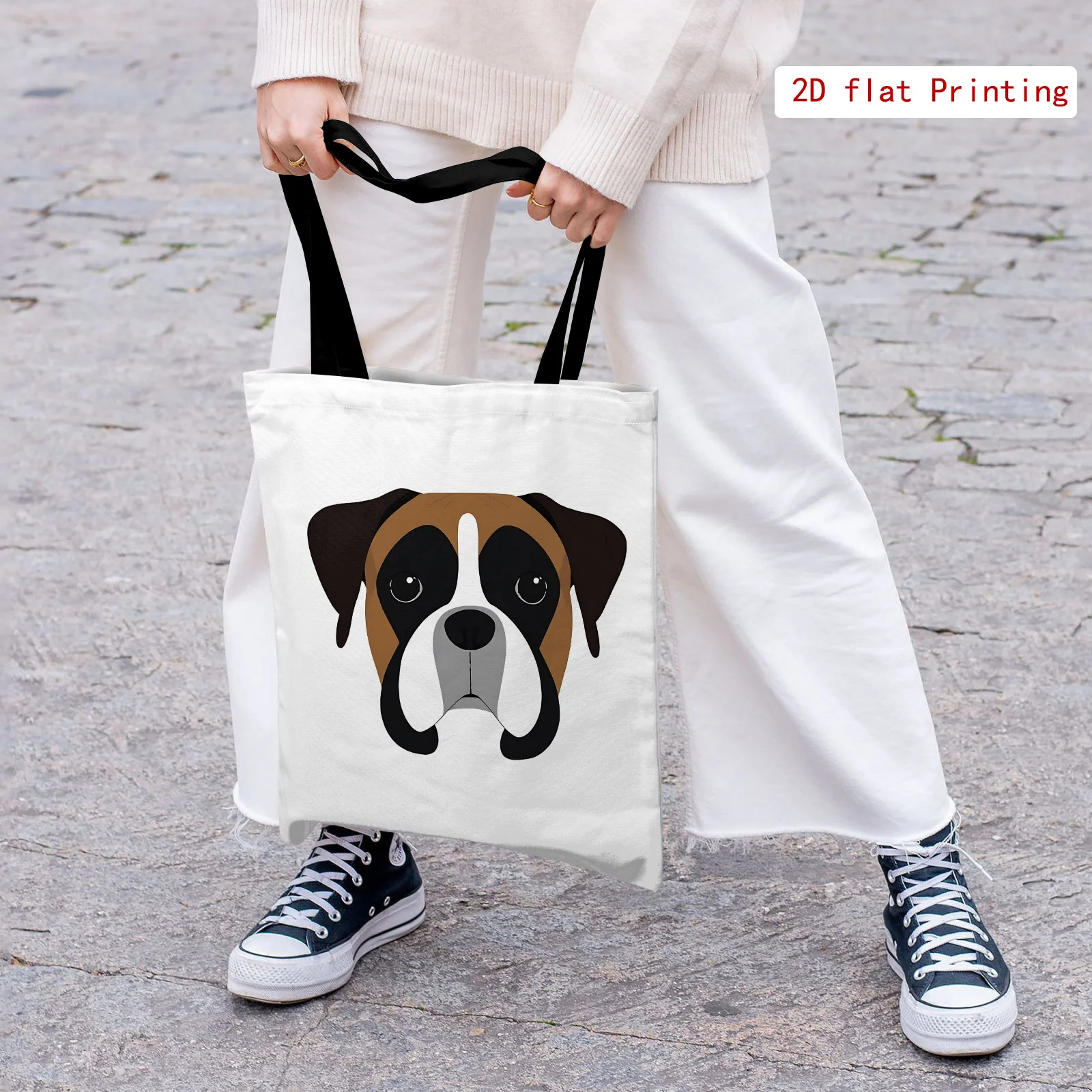 1pc [Tote Bag] 2D Flat Effect, Modern Minimalist Tote Bag, White Background Boxer Dog Head Easy Cartoon Animal Pattern, Large Ca