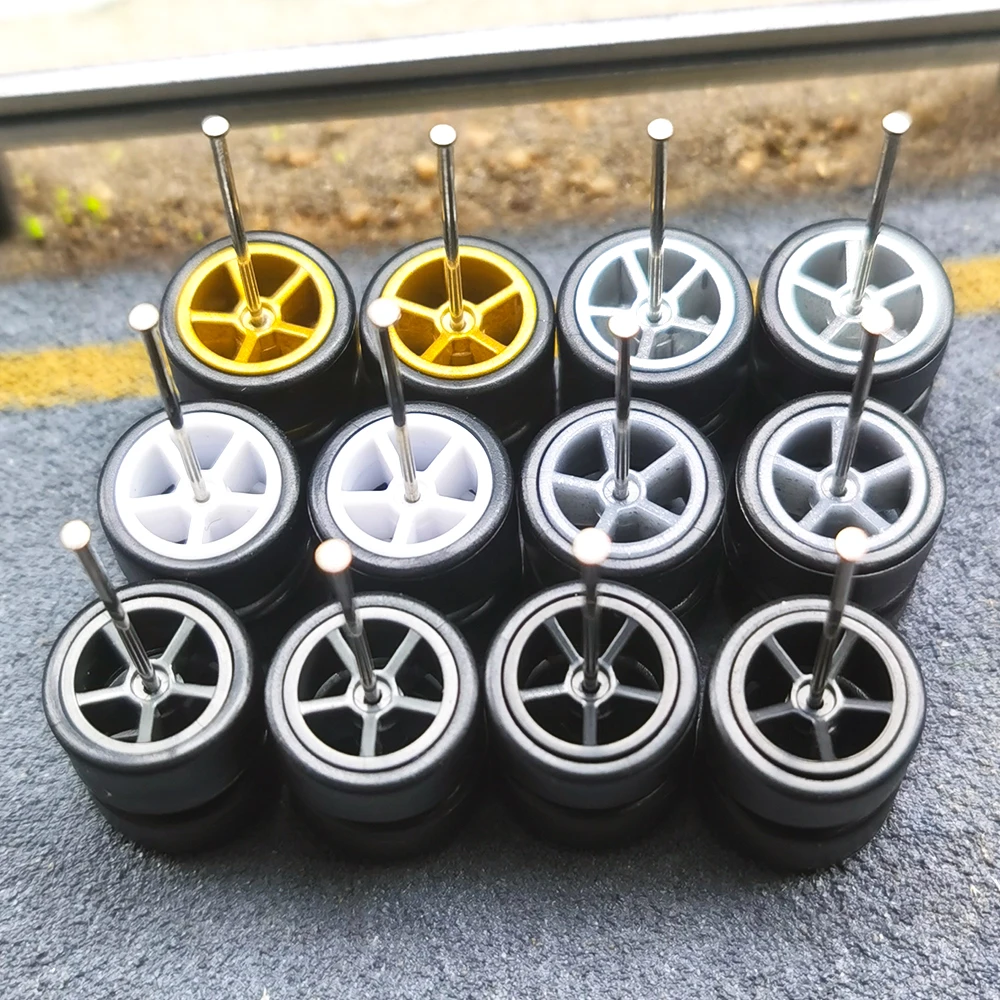 1/64 Wheels with Detachable Slick Rubber Tires Five Spokes for Toy Model Diecast Cars Refiting Parts for Hotwheels (5 Sets)