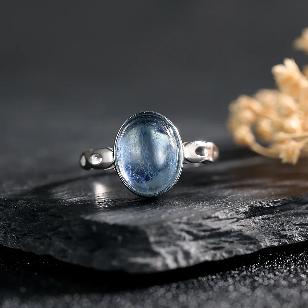 Genuine Natural Aquamarine Ring Ocean Blue S925 Sterling Silver Oval Birthstone Adjustable Open Band March Birthstone Jewelry