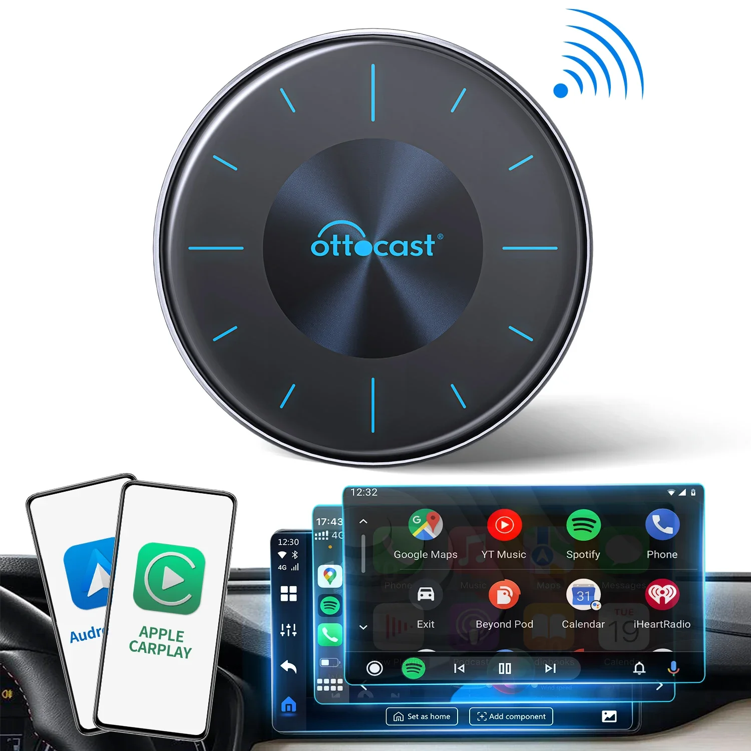 Ottocast 2024 carplay smart ai box adaptador universal HD-MI saída carro play android usb tv box para carros com fio carplay