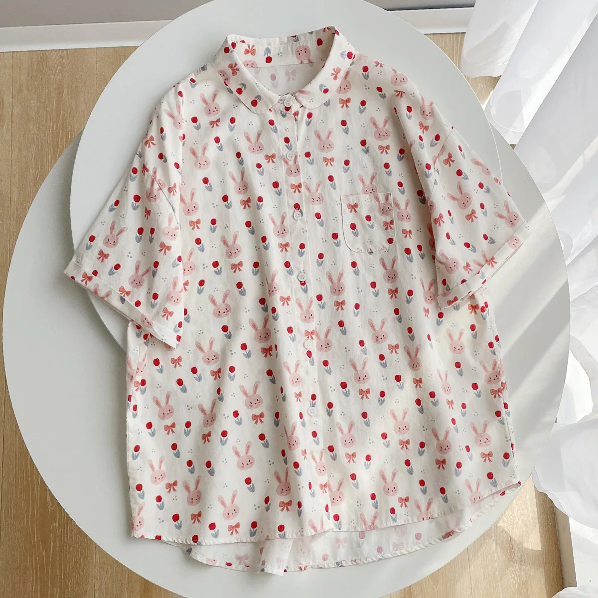 Summer Short Sleeve Shirts Women\'s Round Collar Rabbit Print Casual Blouses Single Breasted Thin Loose Tops New 2023 T35444M