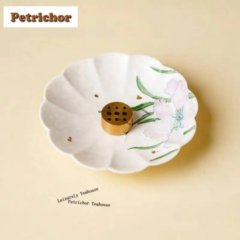 Hand Painted Purple Iris Incense Holder Mist Smoking Steamers Incense Burners Consecrate Censer Tableware Supplies Decoration