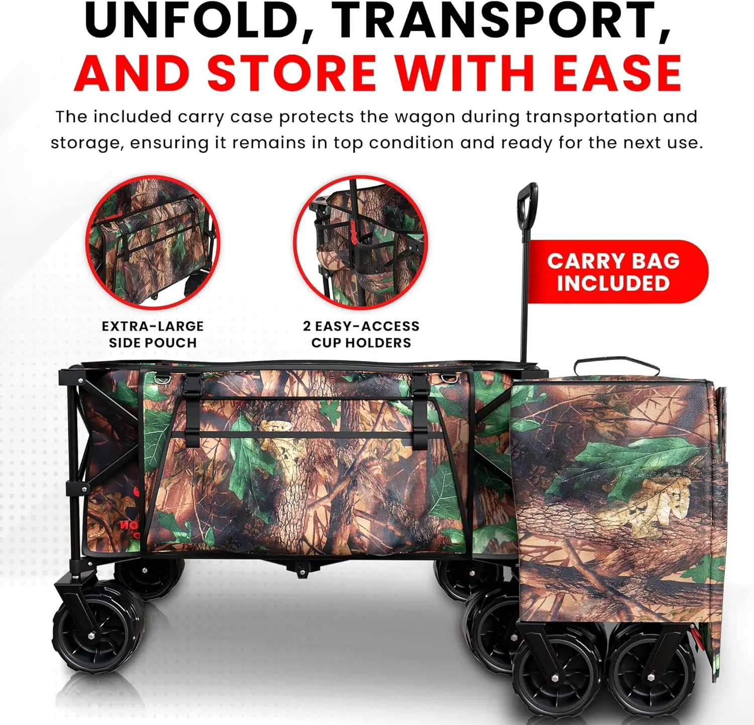 Heavy Duty Folding Wagon Cart With Wheels - Collapsible Wagon With Tree Camo Design, 2 Drink Holders & Carry Case - All Terrain