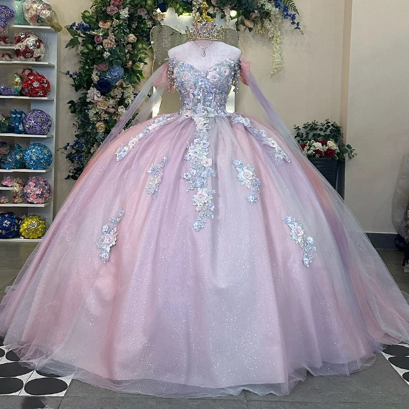 

Pink Shiny Quinceanera Dresses Ball Gown Off The Shoulder Appliques Lace Ceads Tull Birthday Party Vestido De 15 Anos Sweet 16