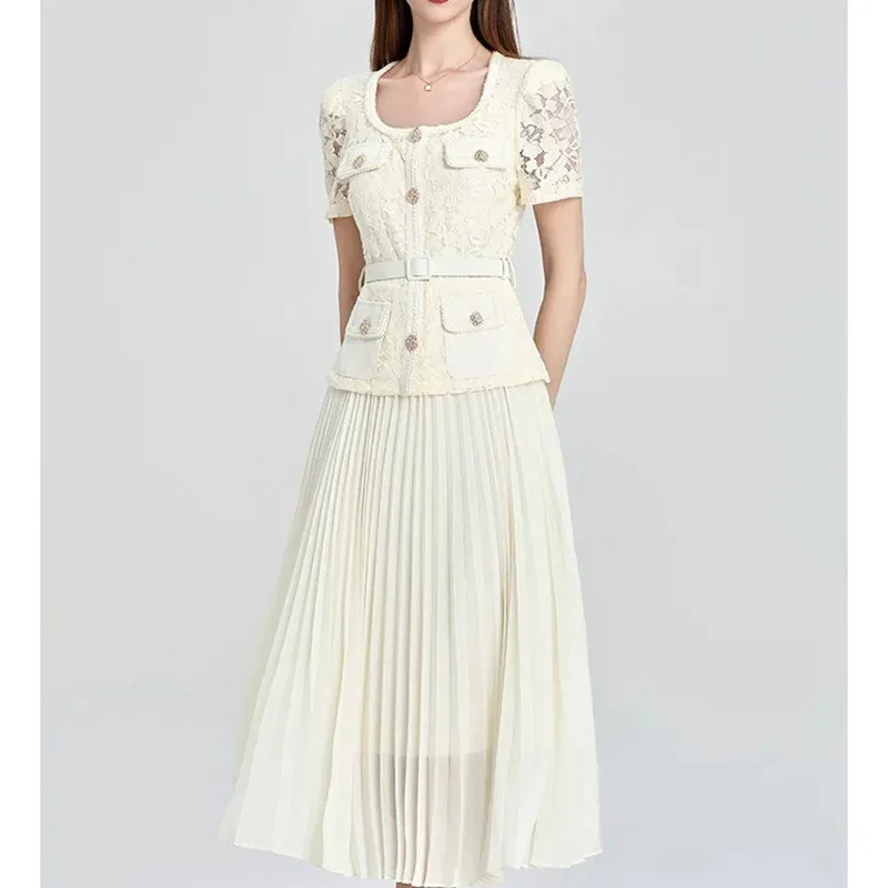 Summer Flower Embroidery Lace Chiffon Prom Dress Women Short Sleeve Single Breasted Midi Long Vestidos Party