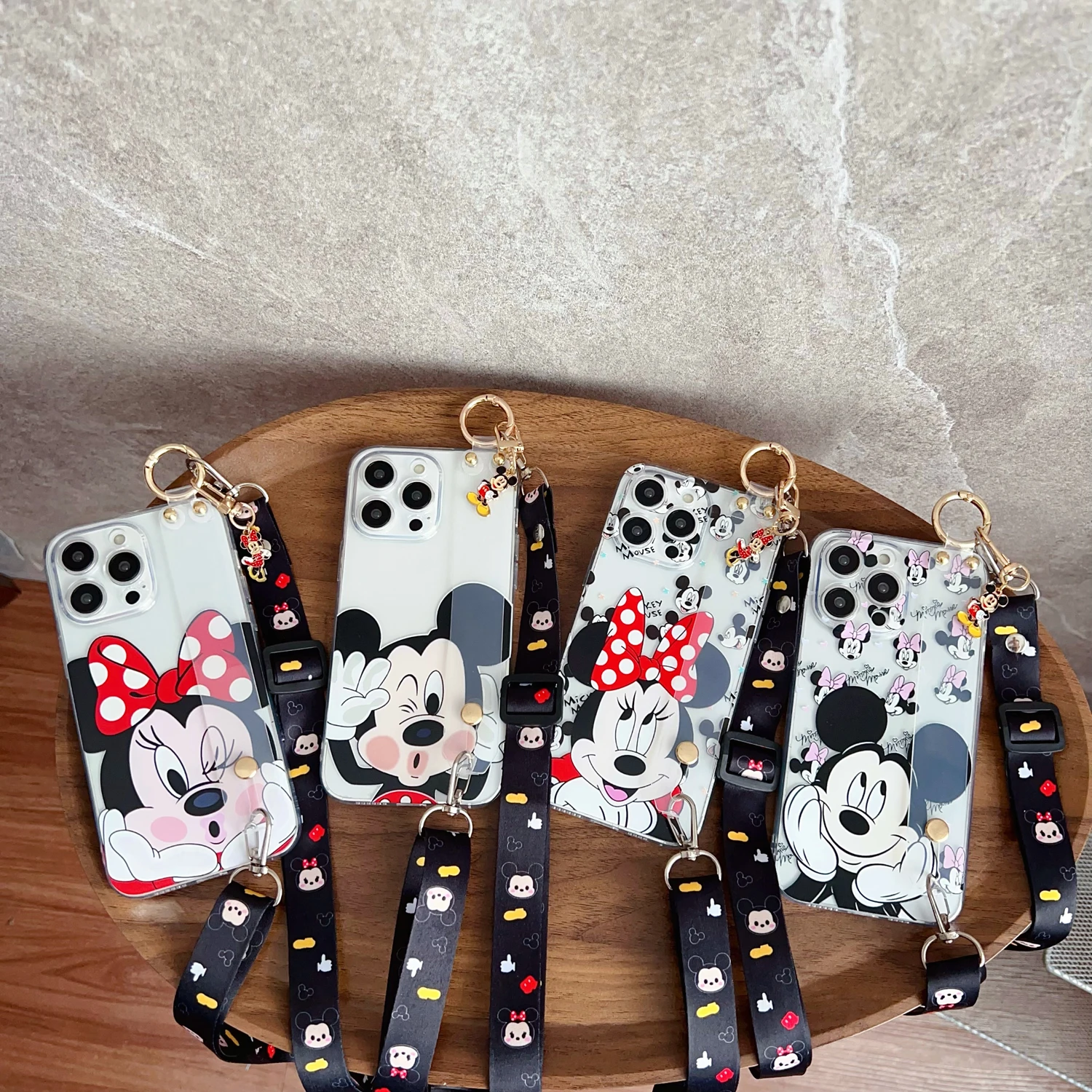 For iPhone 16 15 14 13 12 11 Pro Xs Max Xs XR 7 8 6 Plus SE 2020 2022 Face Up Minnie Case Wrist Strap Ornament