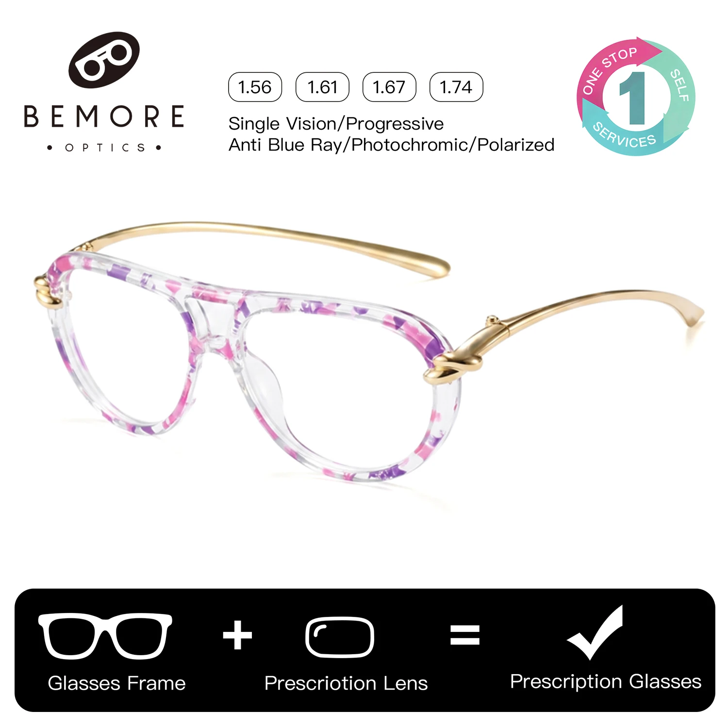 BEMORE Pilot Glasses Prescription Lenses Photochromic Anti Blue Light Metal Myopia Eyewear for Woman Optical Grade Frame