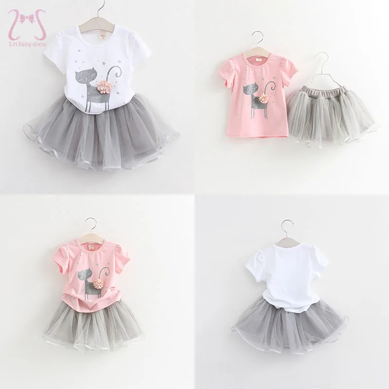 2Pcs/Set Girls Casual Mesh Tutu Skirt Cartoon Cotton Short Sleeve T-shirt Children Clothes Suit Fashion Kids Costume 1 To 5 Y