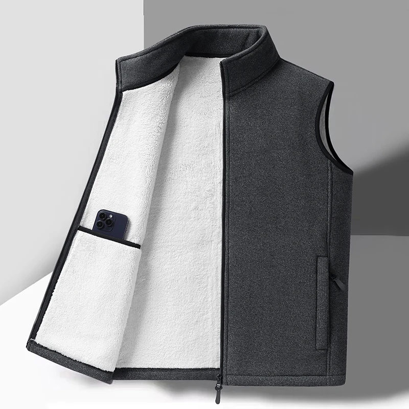 Men's Lamb Cashmere Warm Sleeveless Vest Mens Winter Oversize Autumn Clothes Men Black Gray Vests Stand Collar Casual Waistcoat