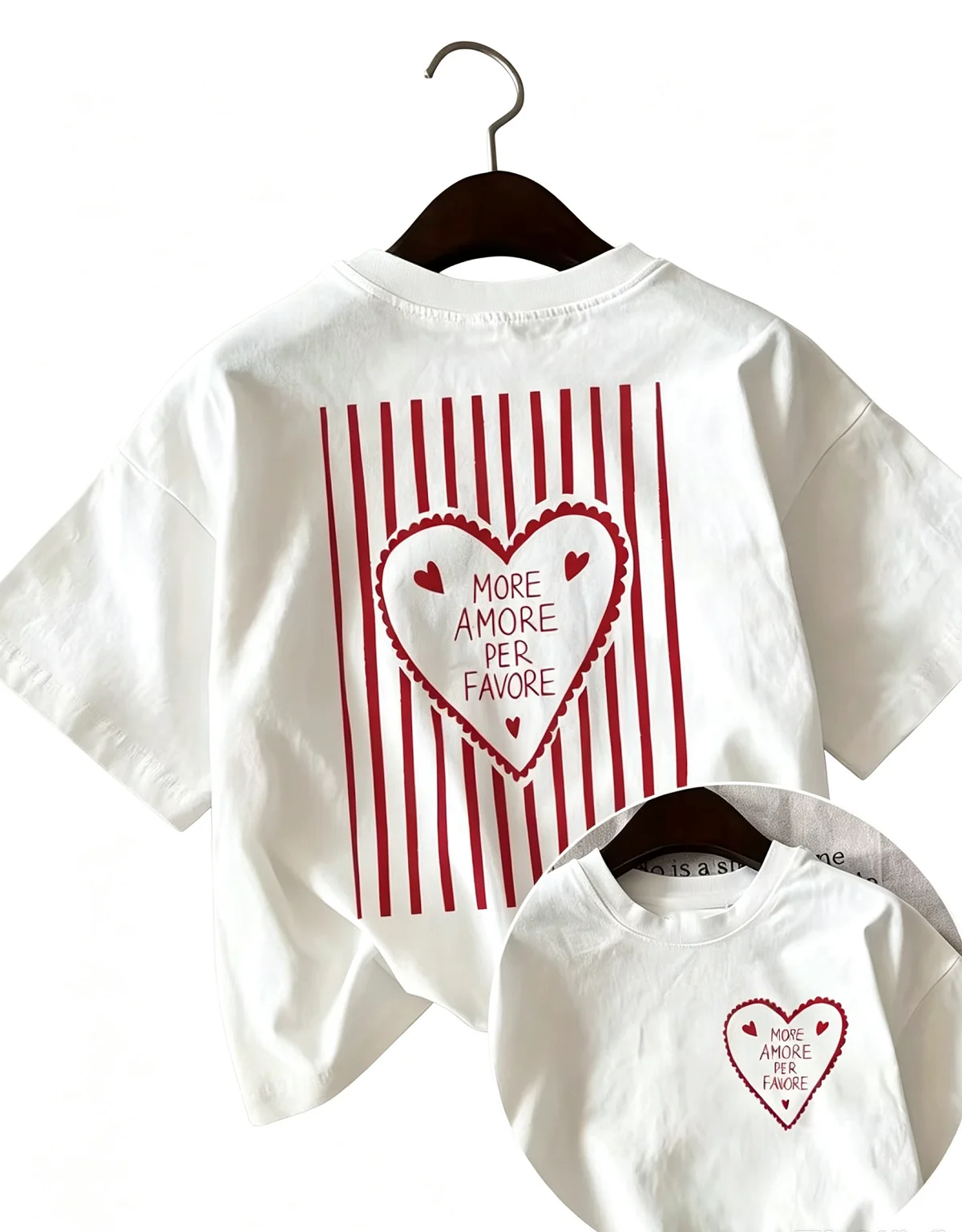 Cotton  100% Cute Red Heart Striped Print Women T Shirt More Amore Per Favore Letter Graphic Tee Casual Loose Short Sleeve Top