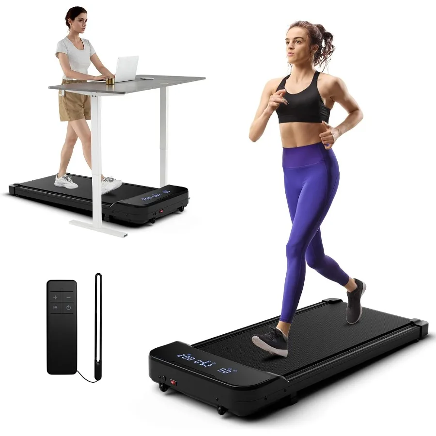 Walking Pad for home small space use, steel frame with black finish, compact portable design with remote control, LED display a