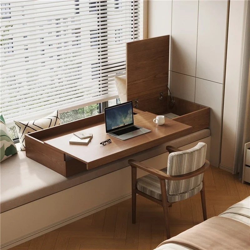 Solid wood bay window with a pull-out extendable renovated balcony study desk, hotel flip-top cabinet storage vanity table