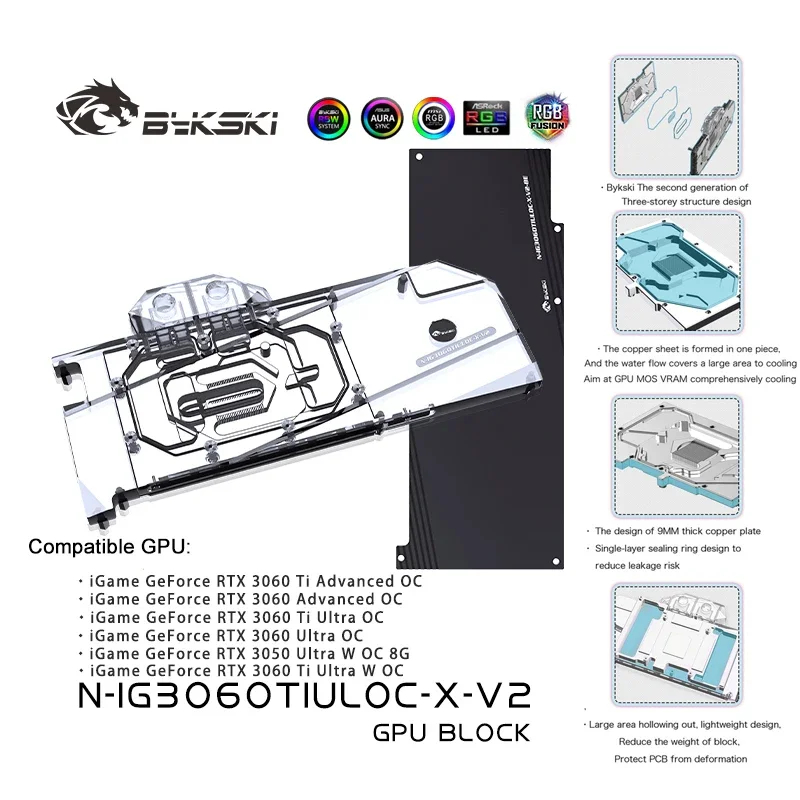 Bykski GPU Water Block for Colorful IGame RTX 3060Ti Advanced /Ultra OC Video Cards,VGA Radiator,PC Cooling, N-IG3060TIULOC-X-V2