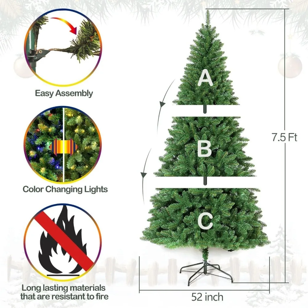 7.5 ft Prelit Artificial Christmas Tree, Christmas Tree with 450 Color Changing LED Lights, 1450 Tips, 10 Color Modes, Metal