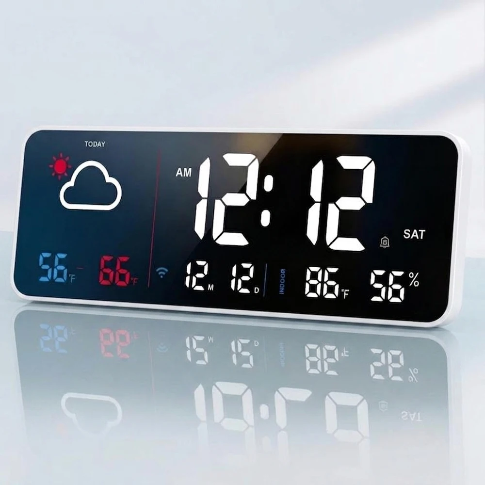 Digital Desk Wall Alarm Clock Smart WiFi Weather Station Calendar Week Display Indoor Temp Humidity Monitor Modern Home Office