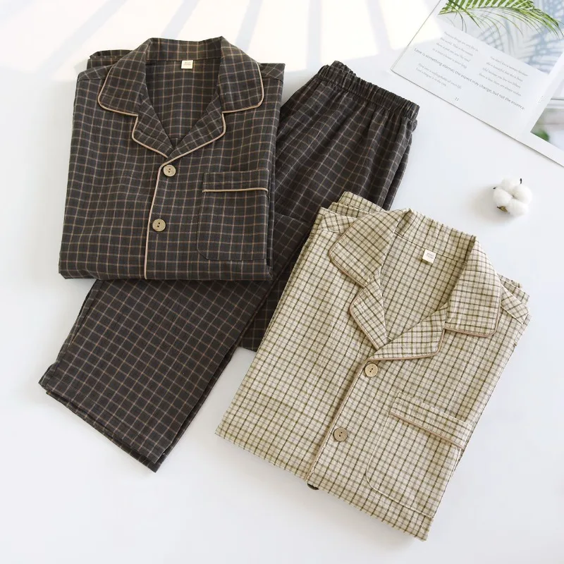 2026 Spring and Autumn New Men's Pajama Set 100% Cotton Gauze Loose Casual Long Sleeve Checkered Home Clothes Cardigan Set