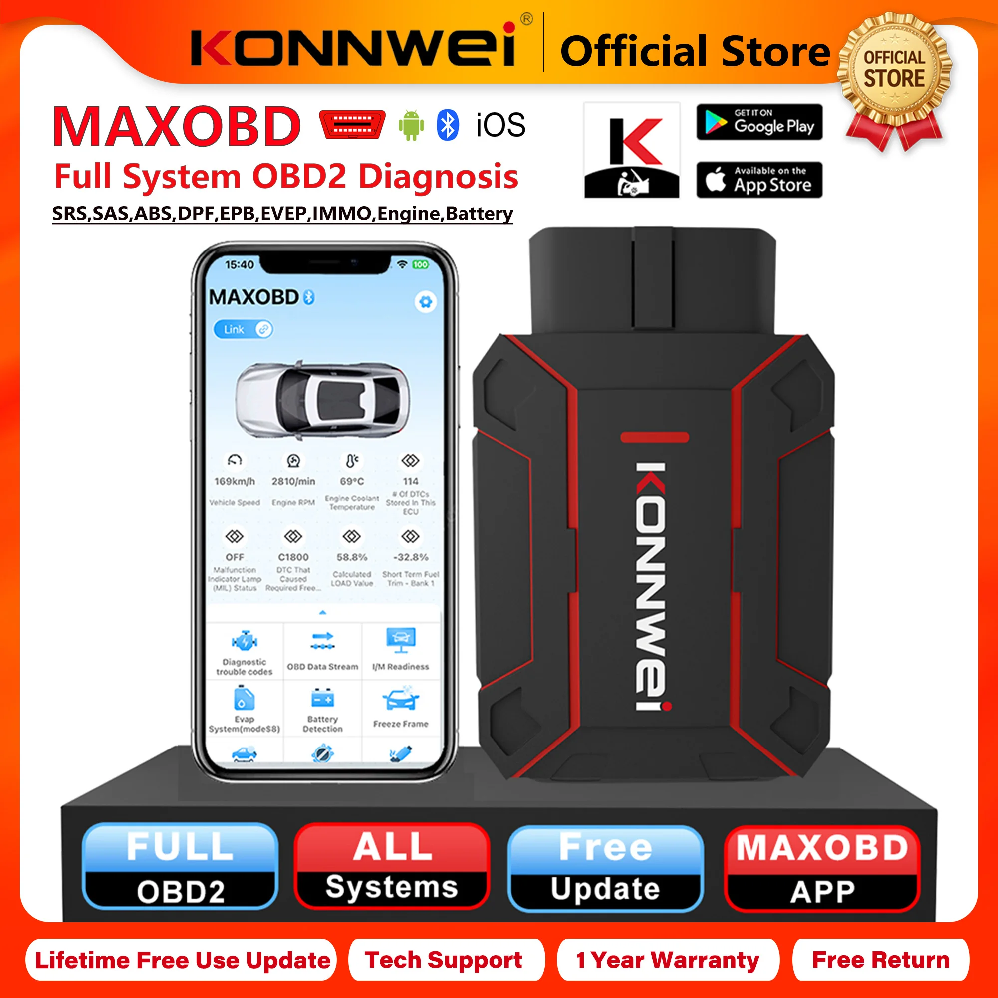 

2026 KONNWEI MAXOBD Professional Full System Scanner Bluetooth 5.0 OBD2 Diagnostic Tool ABS DPF EPB SAS SRS TPMS System Function