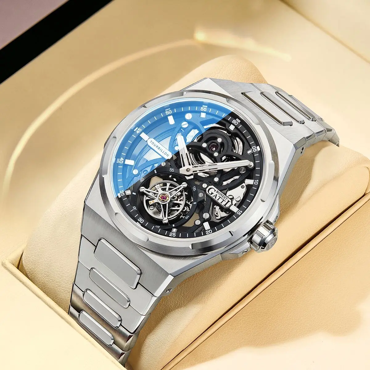 BONEST GATTI Men's Skeleton Tourbillon Automatic Mechanical Watch Stainless Steel Waterproof Luxury Business Wristwatch for Men