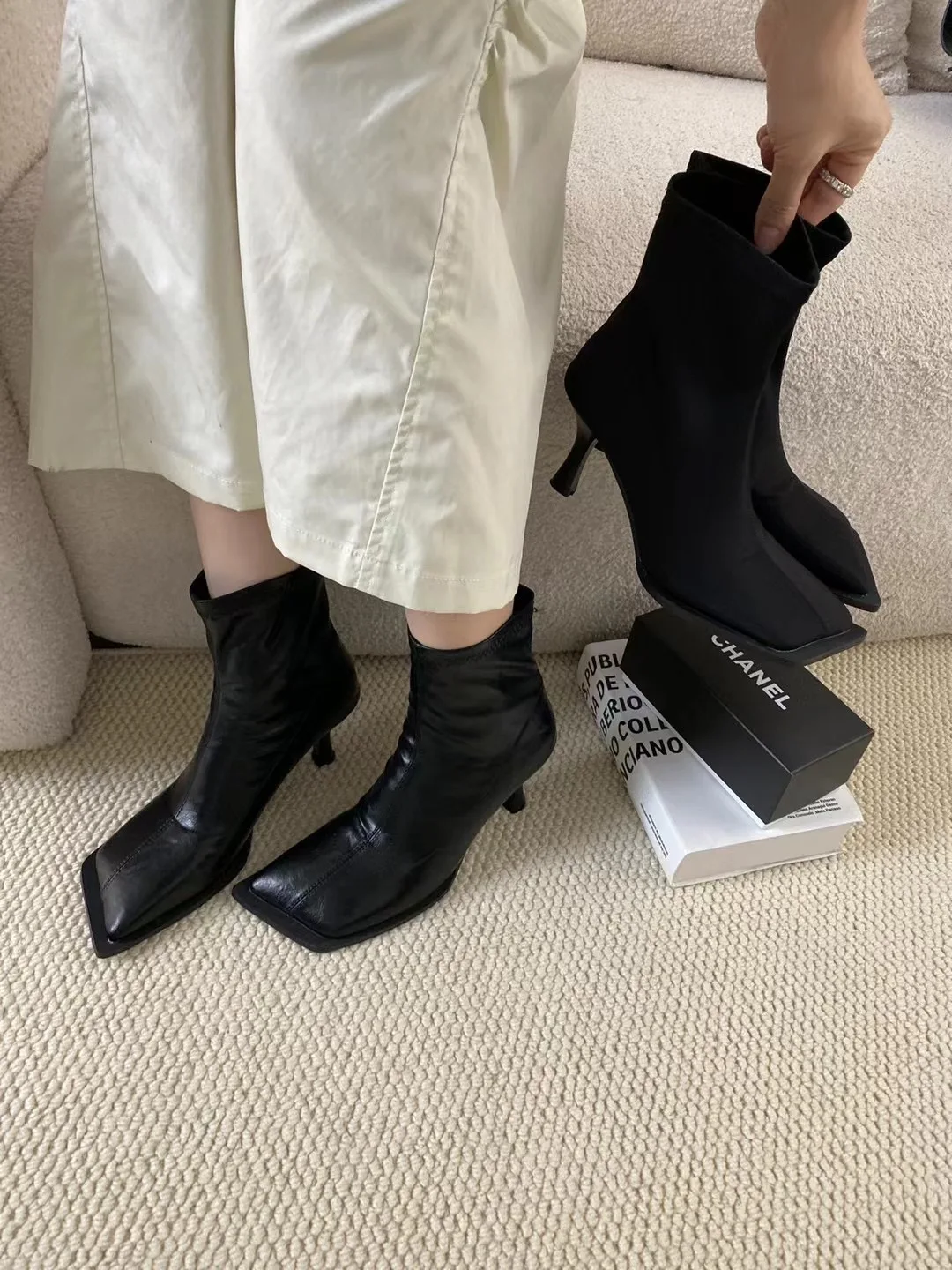 Square Toe Women Ankle Boots Sock Bootie Stretch Shoes Woman Elegant Black Lycra Design Back Zipper Fashion Pumps Rozmiar 35-39