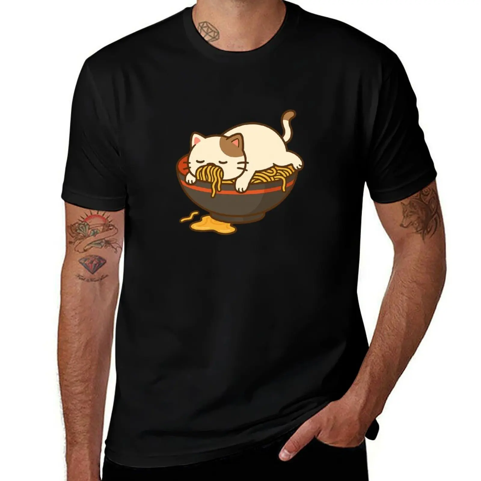 Faceplant Ramen Cat – Camiseta con pegatina Kawaii Noodle Bowl, camisetas de gran tamaño, camisetas gráficas para niño, camisetas para hombre