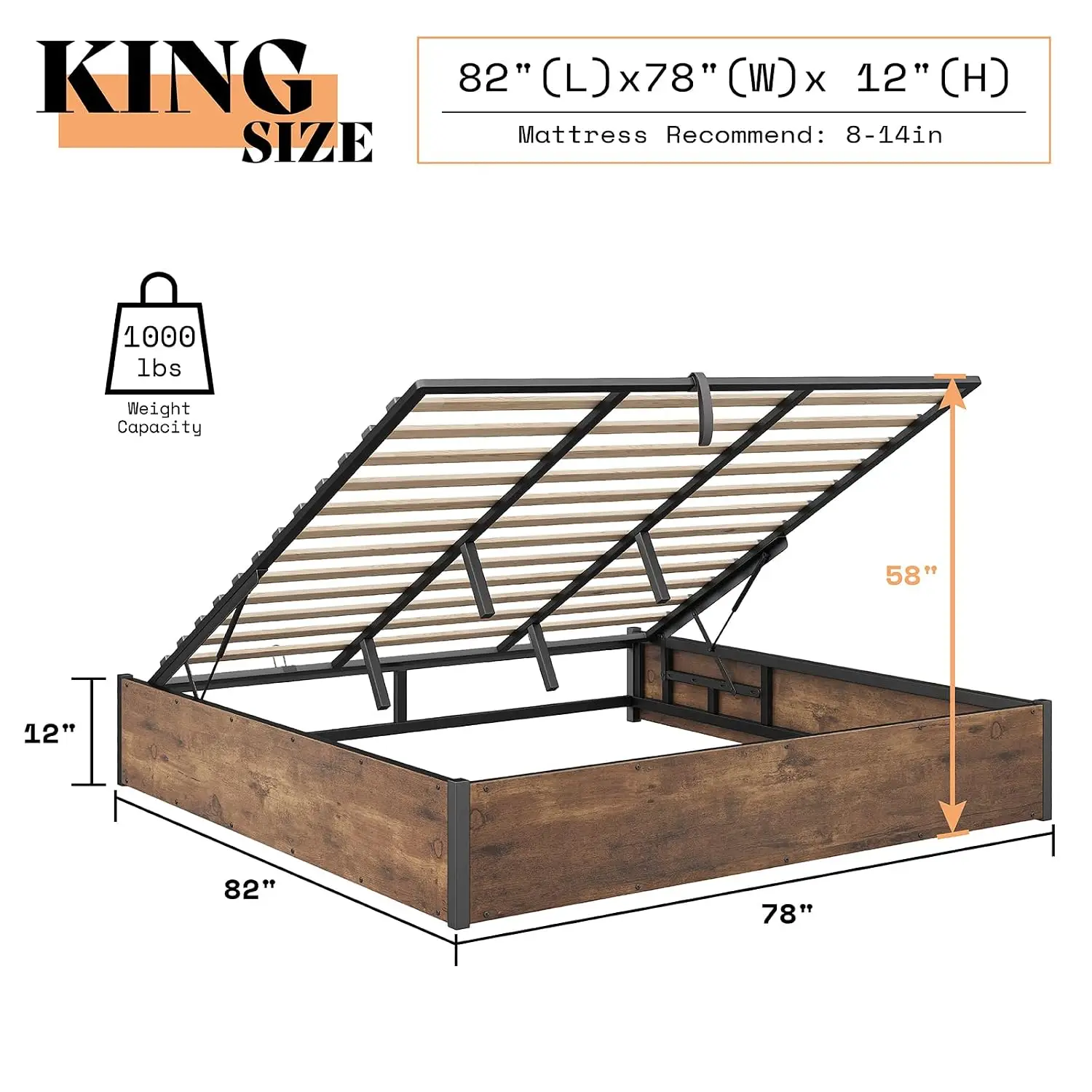 King Size Lift Storage Bed Frame No Box Spring Space Saving Hidden Storage Modern Farmhouse Easy Assembly, Customized