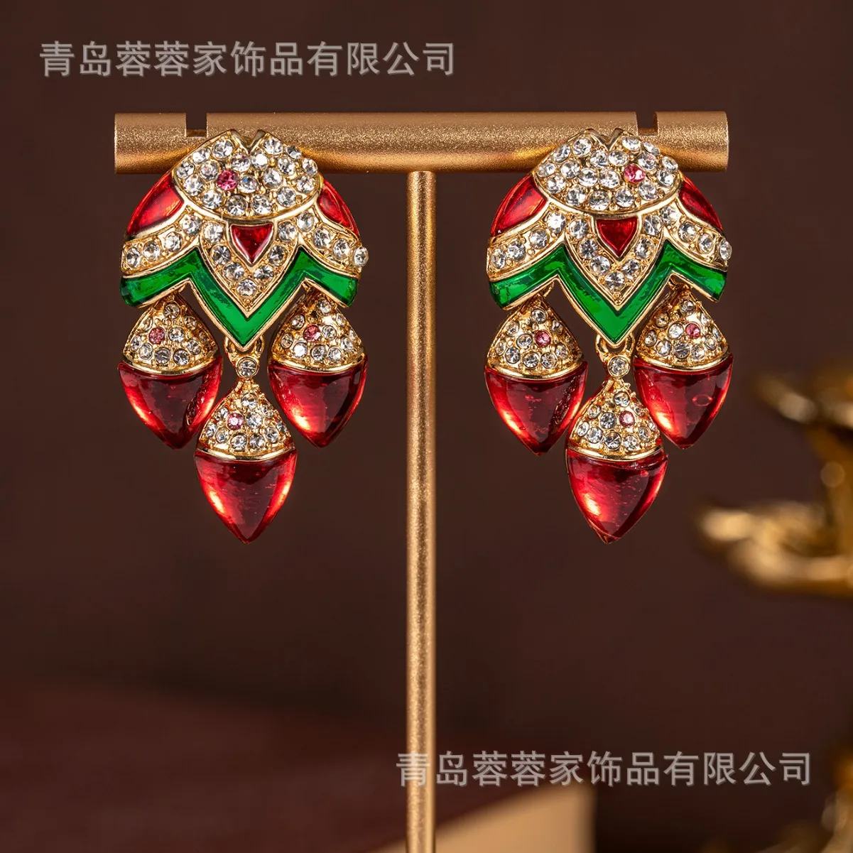 Palace ear stud retro red fish colored rhinestone glazed zircon earrings medieval vintage