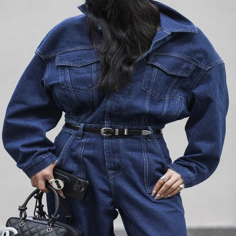 Blauw design denim jumpsuit dames lente en herfst kraag modieuze werkkleding grote zak losse broek