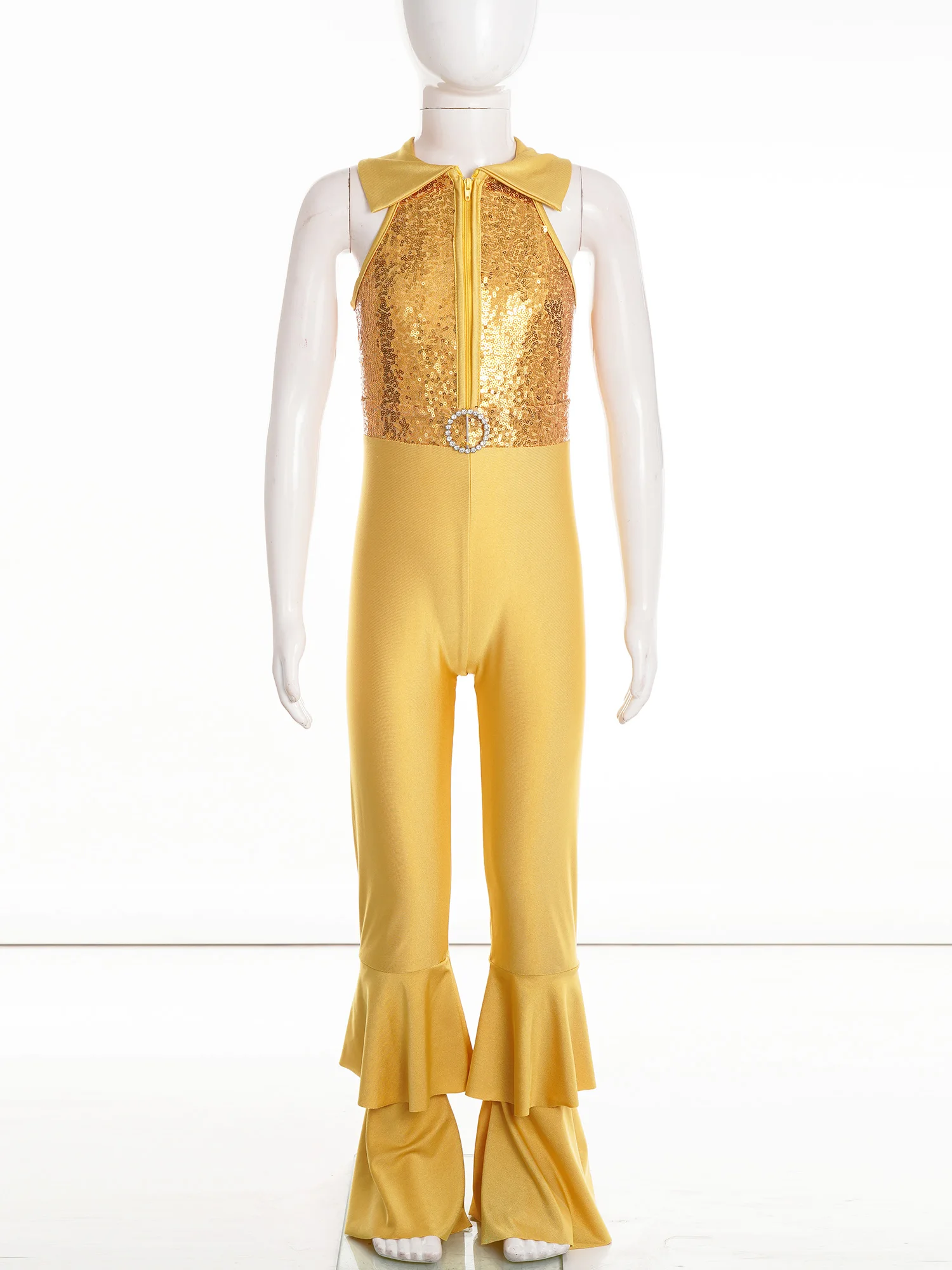 Girls Ballroom Dance Costumes Shiny Sequins O-ring Front Tiered Bell-bottom Long Pants 60s 70s Hippie Disco Dance Leotards