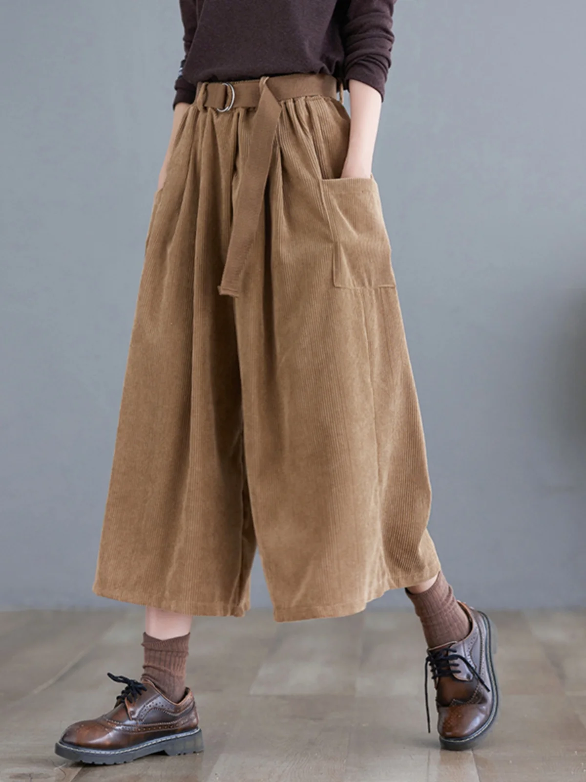 Pantaloni gonna in velluto a coste retrò Autunno Inverno da donna taglie forti Copertura di carne allentata Dimagrante Pantaloni da lavoro a sette quarti Pantaloni a gamba larga