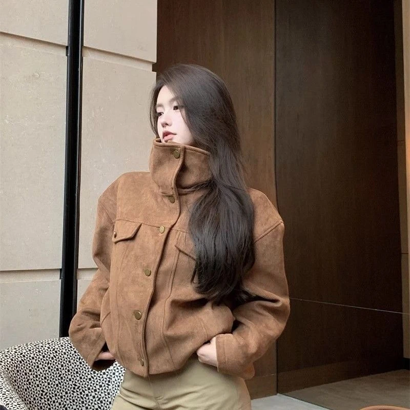 

Американская винтажная куртка с длинным рукавом, женская повседневная уличная одежда на пуговицах Y2k, пальто в стиле ретро, однотонная водолазка, тонкая осень 202, осень