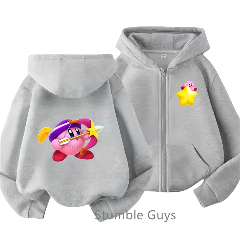 Fashion Star Kirbys Zipper Hoodie Kids Clothes Boys Trucksuit Kawaii Girls Sweatshirt Anime Long Sleeve Children Casual Tops