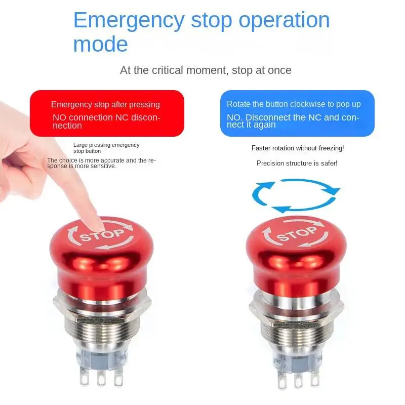 16/19/22/25/30mm Emergency Stop Mushroom Head Latching Rotary Metal Push Button Switch Waterproof IP65 Press Buttons NO NC