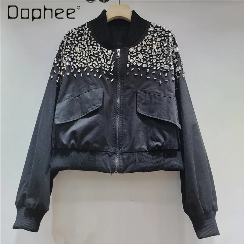 

Design Sense Rhinestone Black Heavy Embellished Long Sleeve Short Pilot Jacket Coat High Waist Baseball Jackets for Women