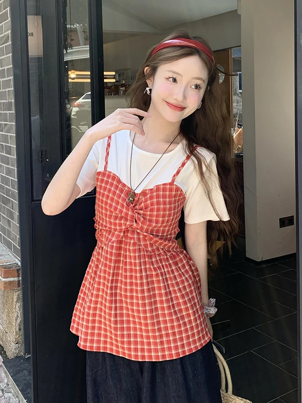 

plus Size Women's Plaid Patchwork Short Sleeve T-Shirt Summer New Style Slimming Versatile Design Belted Top Korean Style Com...