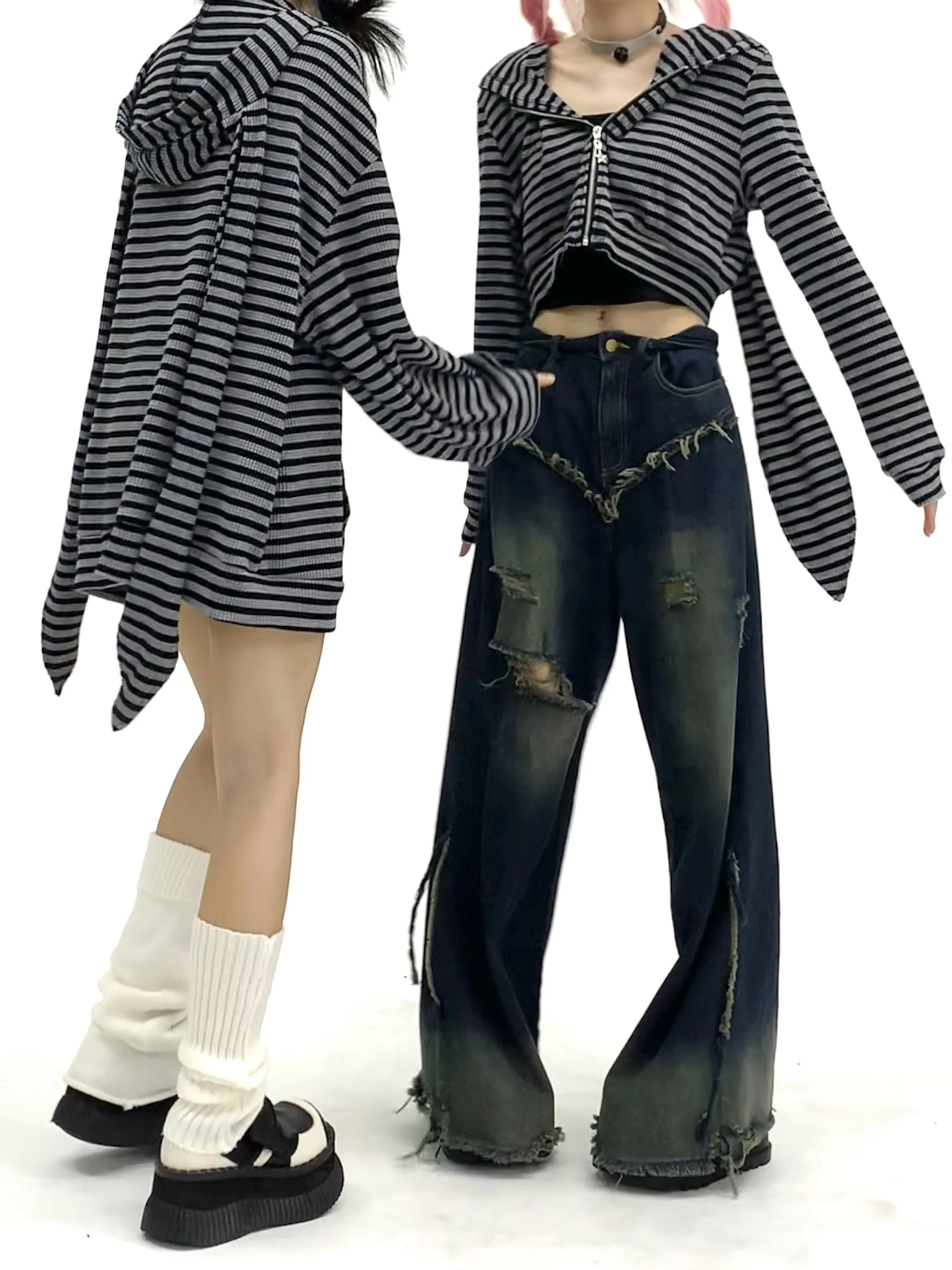 Y2k Subculture Japanese Autumn and Winter Hooded Striped Rabbit Ear Jacket Loose Cartoon Cute Sweet Cool Babe Cardigan Sweater