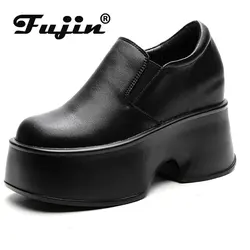 Fujin 11cm Cow Genuine Leather Slip on Mules Females Moccasine Ethnic Manual Platform Wedge Winter Women Round Toe Leisure Shoes