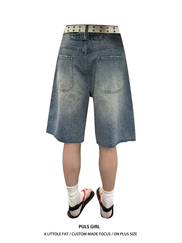 

Retro American Washed Distressed Wide Leg Denim Capris Women's Loose Fit Summer New Style High Waist Pants Pure Color