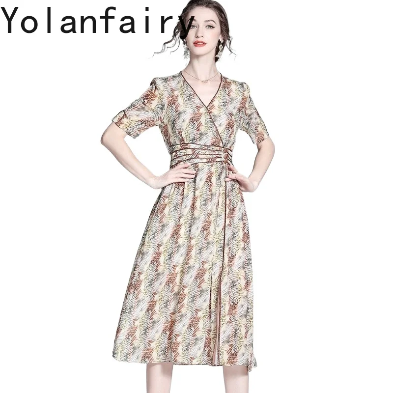 

YOLANFAIRY 100% Натуральные шелковые платья из тутового шелкопряда для женщин: Элегантное летнее платье с цветочным принтом на день рождения, приталенное, 2026 Vestidos De Mujer