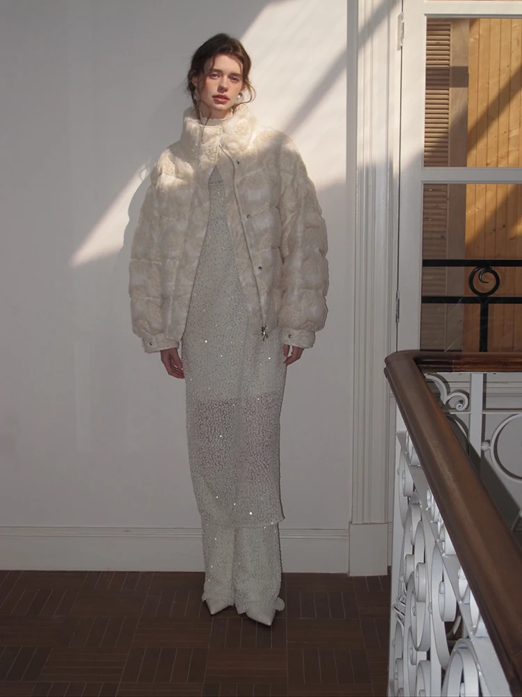 

Пуховик Cariedo с художественной вышивкой, белый, с воротником-стойкой, утепленный, длинный, для повседневной носки, модный зимний пуховик