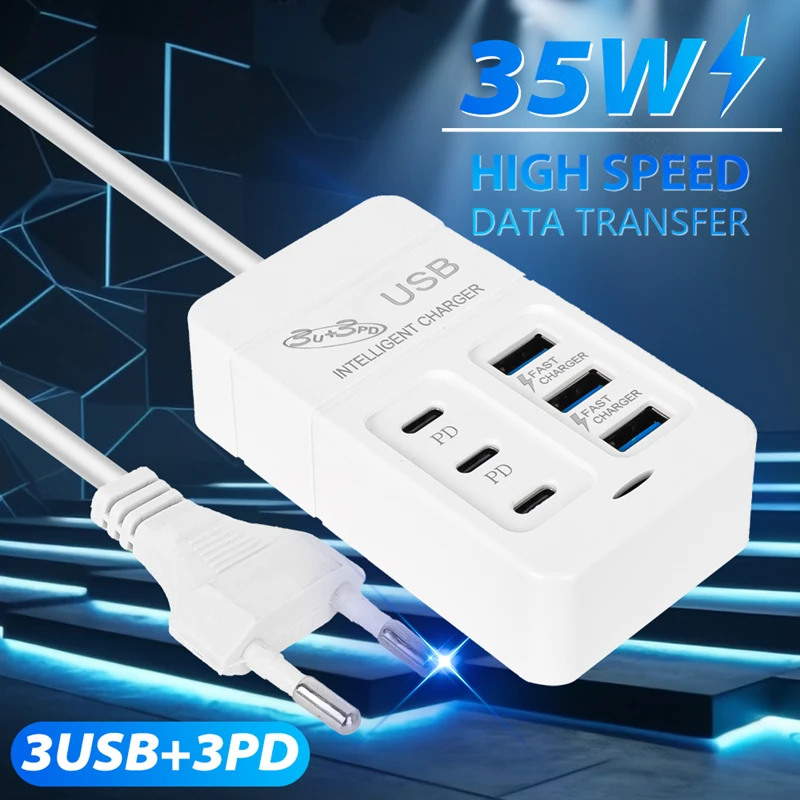 Fast Charging 6Ports 35W USB Type C Hub PD Charger Portable Power Adapter for Home Office Travel Type-C Wall Chargers US EU Plug