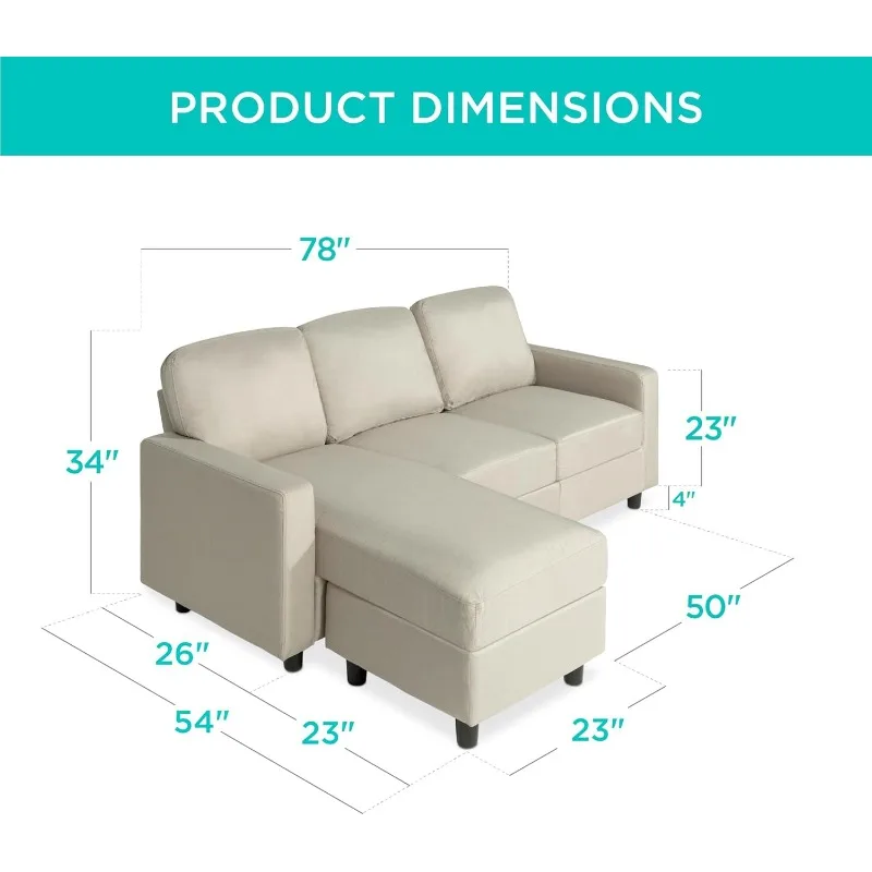 Upholstered Sectional Sofa for Home, Apartment, Dorm, Bonus Room, Compact Spaces w/Chaise Lounge, 3-Seat