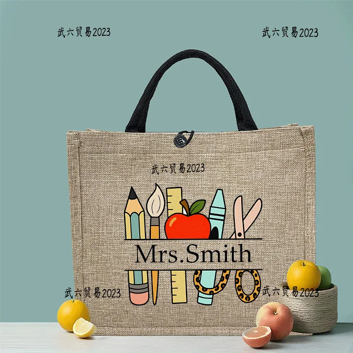 Custom Teacher Name Apple School Supplies Print Linen Tote Bag Reusable Shopping Bag Teacher Appreciation Gift Handbag